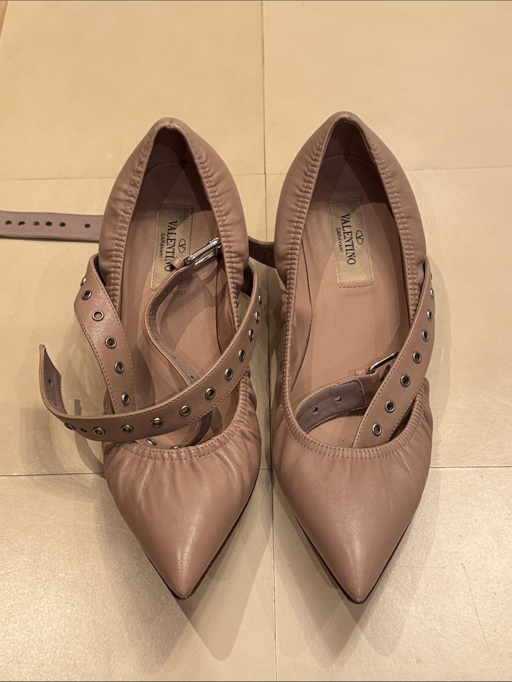 Valentino blush pink leather pointed flats with studded ankle strap